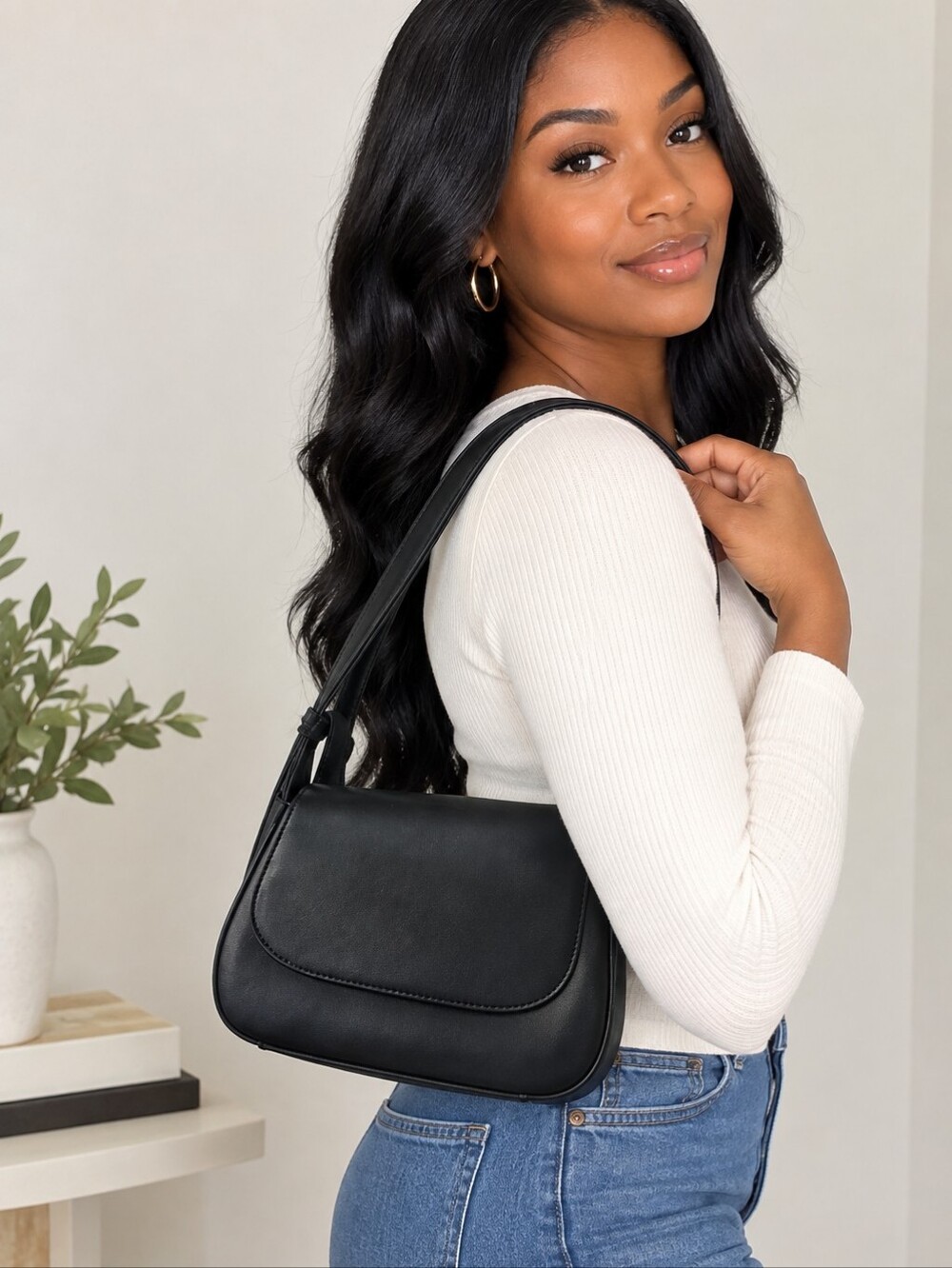 Topshop Womans Black Curved Flap Shoulder Bag